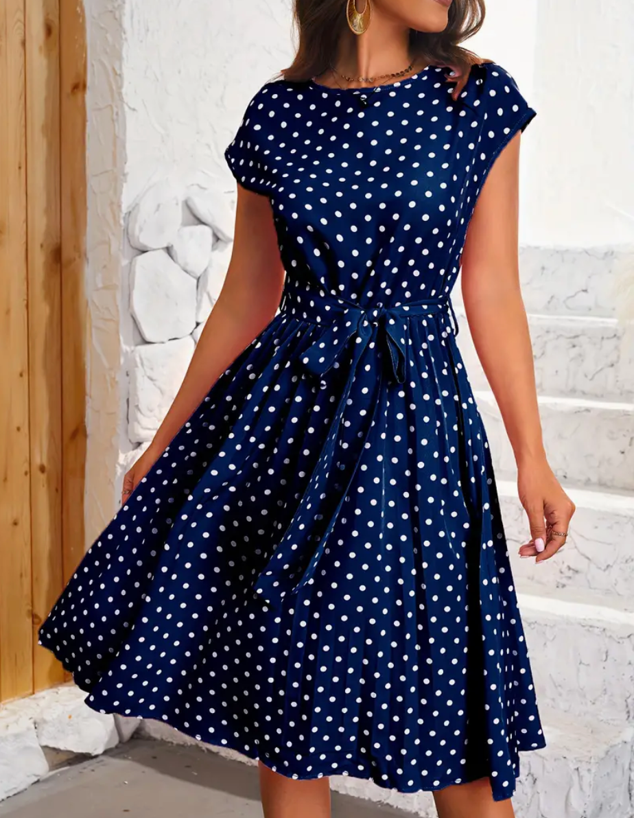 Teresa - Elegante abito midi a pois con cintura da annodare