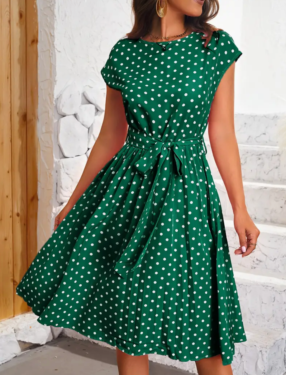 Teresa - Elegante abito midi a pois con cintura da annodare