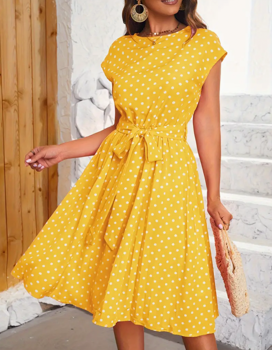 Teresa - Elegante abito midi a pois con cintura da annodare