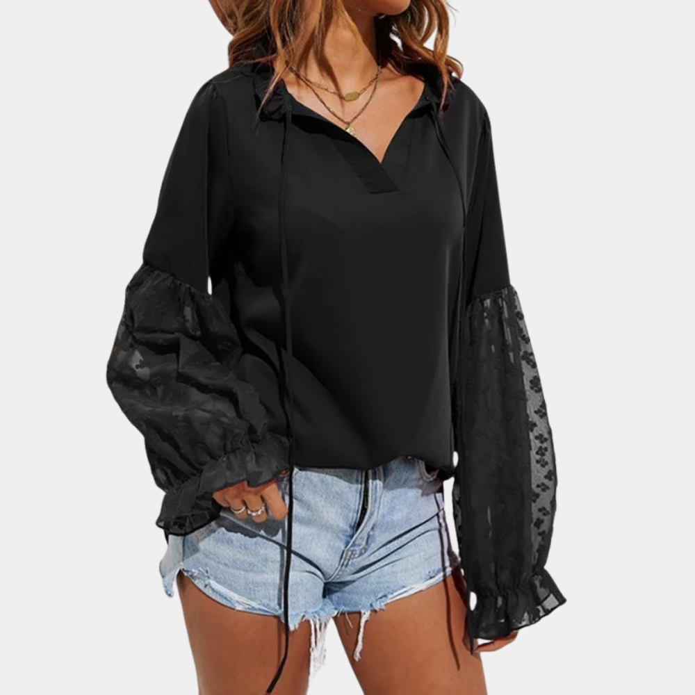 Xamira - Elegante blusa ampia con maniche a sbuffo e collo annodato