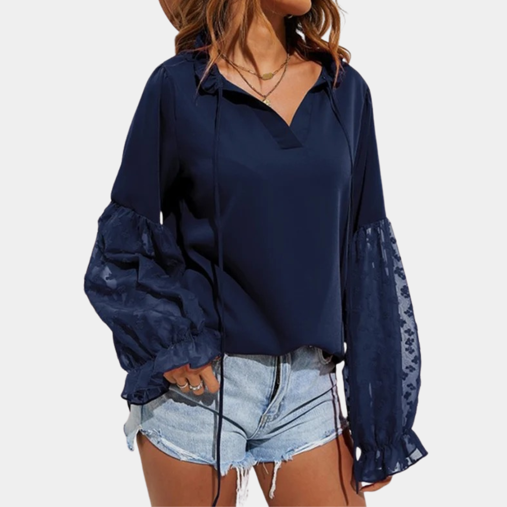 Xamira - Elegante blusa ampia con maniche a sbuffo e collo annodato