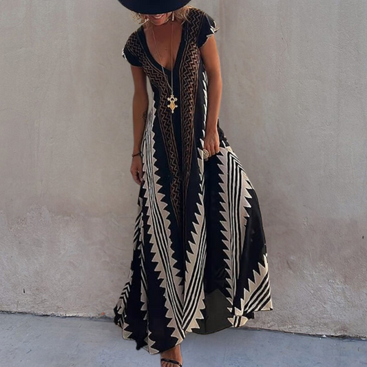 Keziah - Elegante maxiabito boho con stampa geometrica