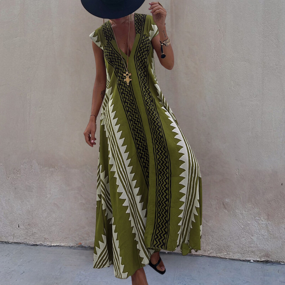 Keziah - Elegante maxiabito boho con stampa geometrica