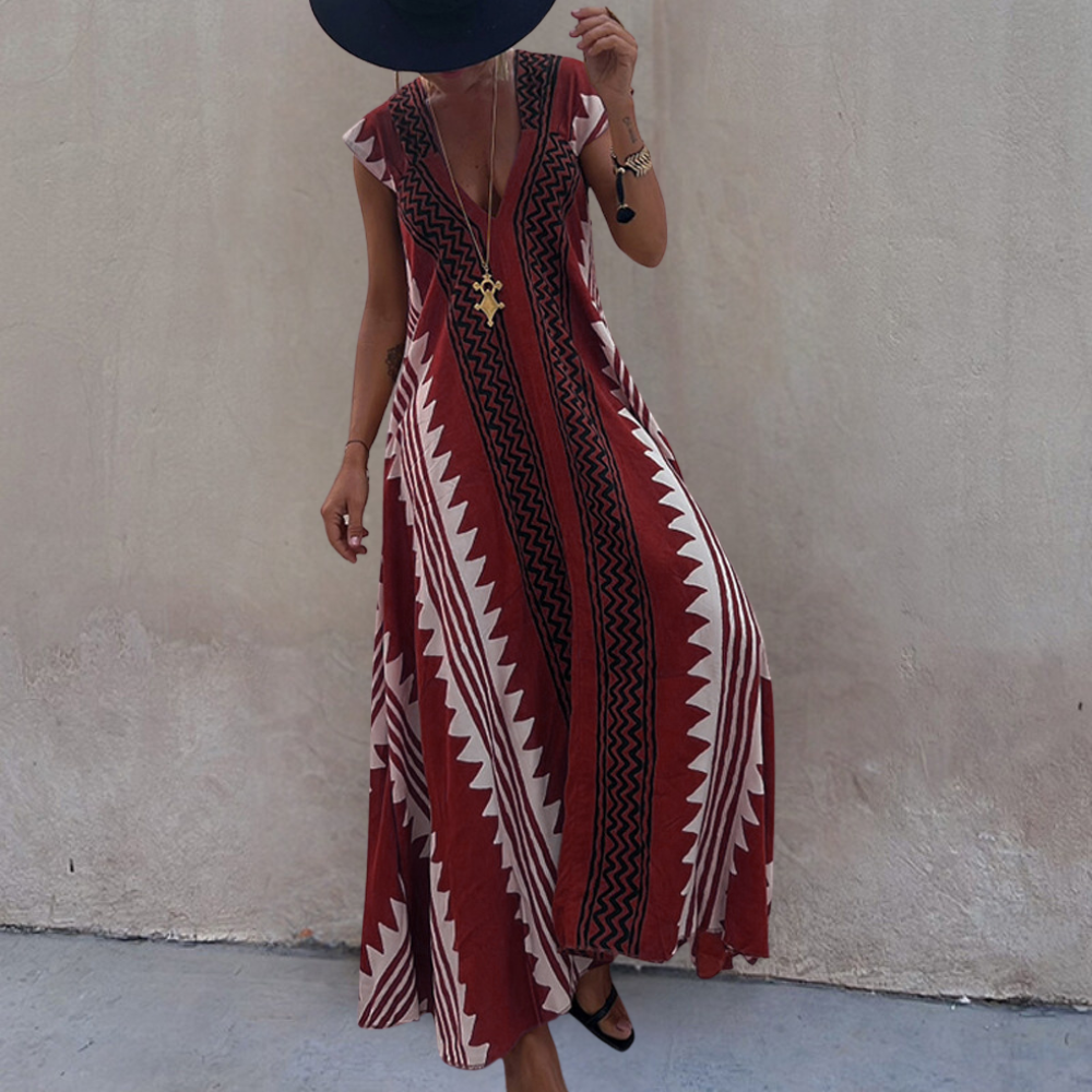 Keziah - Elegante maxiabito boho con stampa geometrica