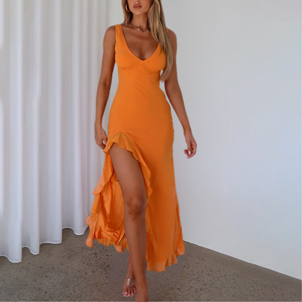 Mariella - Elegante abito senza maniche con scollo a V profondo, spacco e volant
