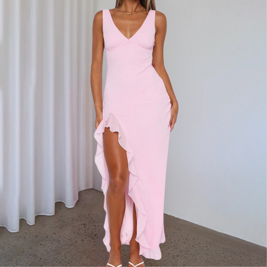 Mariella - Elegante abito senza maniche con scollo a V profondo, spacco e volant