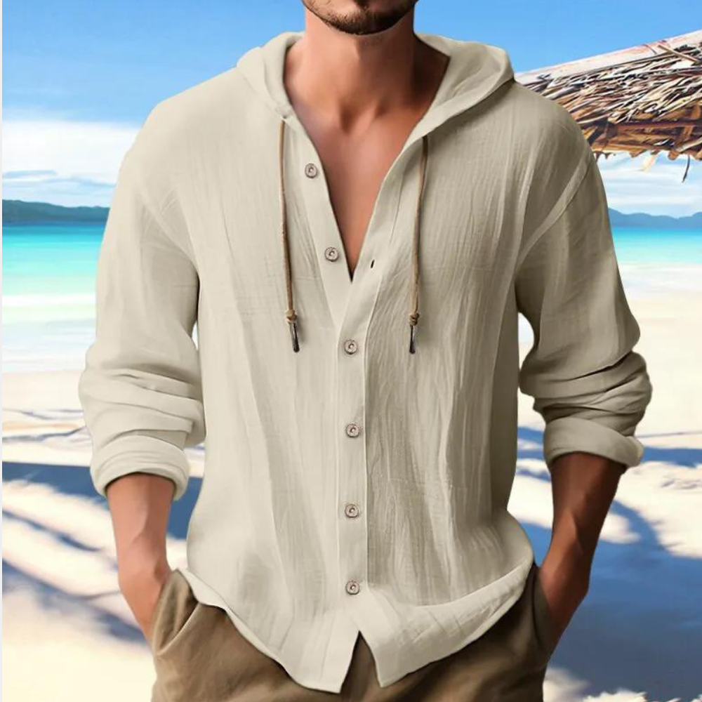 Charles - Camicia casual con bottoni, maniche lunghe e cappuccio