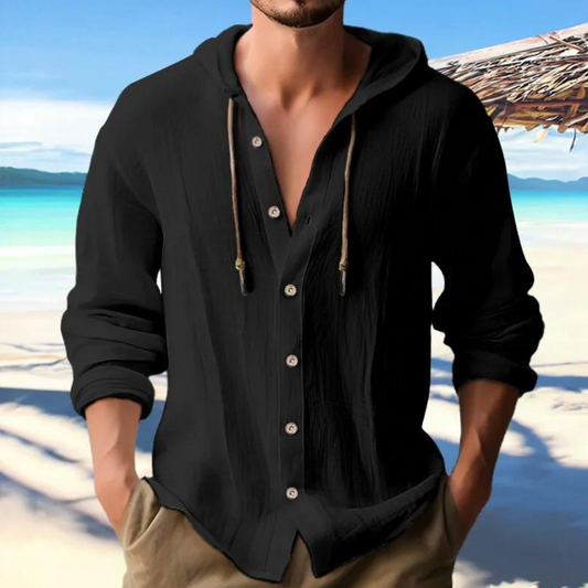 Charles - Camicia casual con bottoni, maniche lunghe e cappuccio