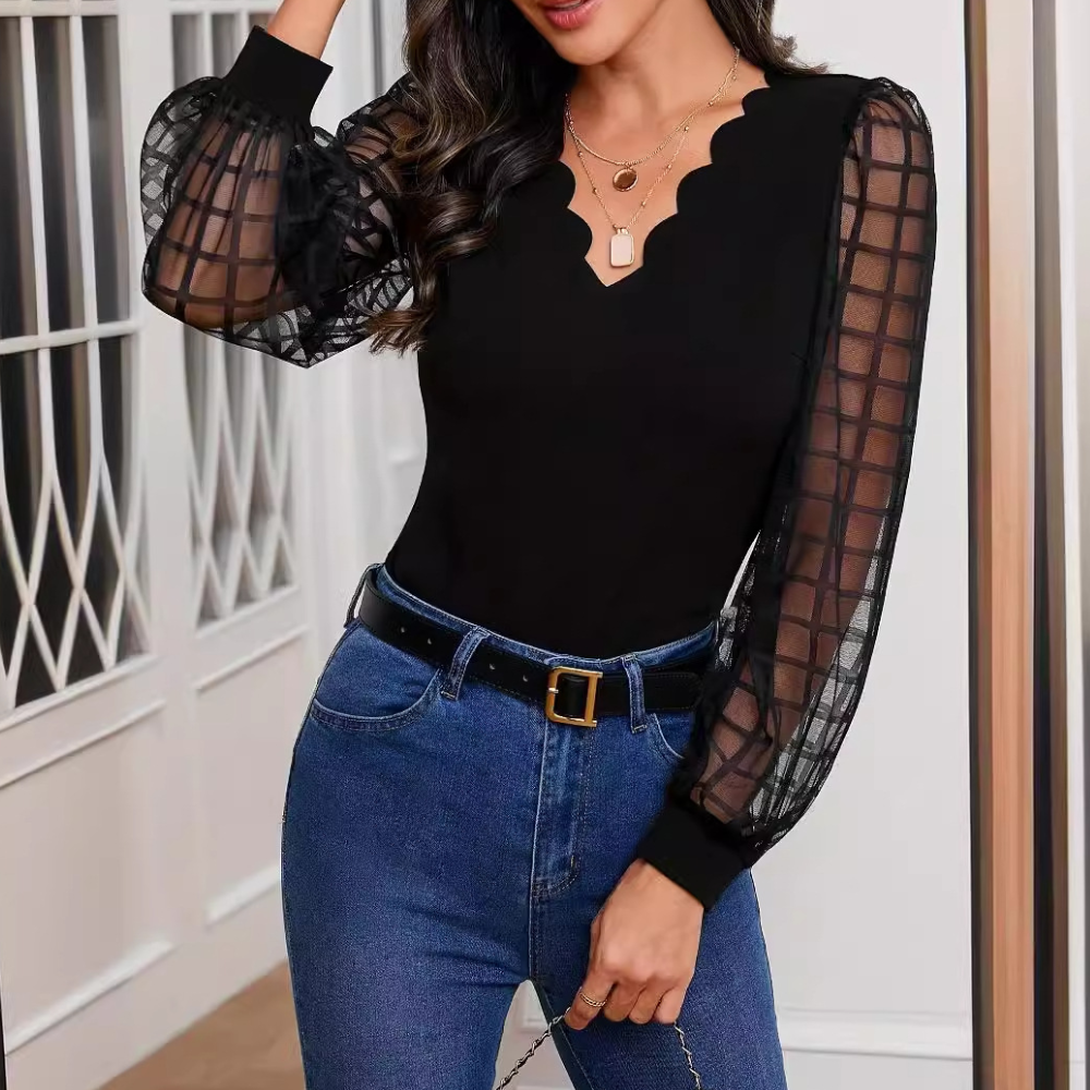 Stephanie - Elegante blusa in pizzo a maniche lunghe con scollo a V