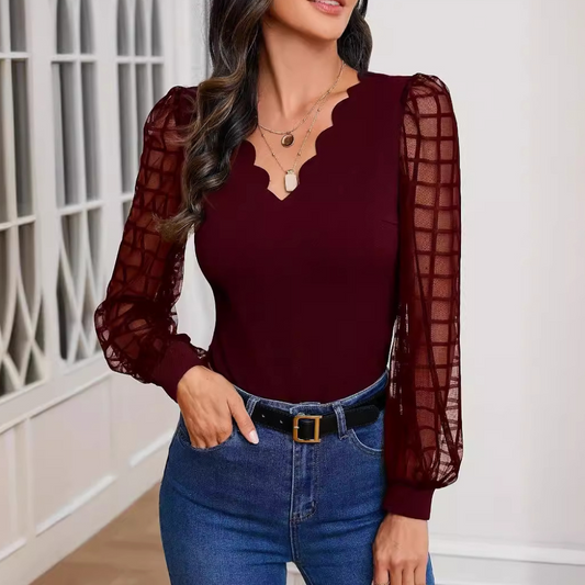 Stephanie - Elegante blusa in pizzo a maniche lunghe con scollo a V