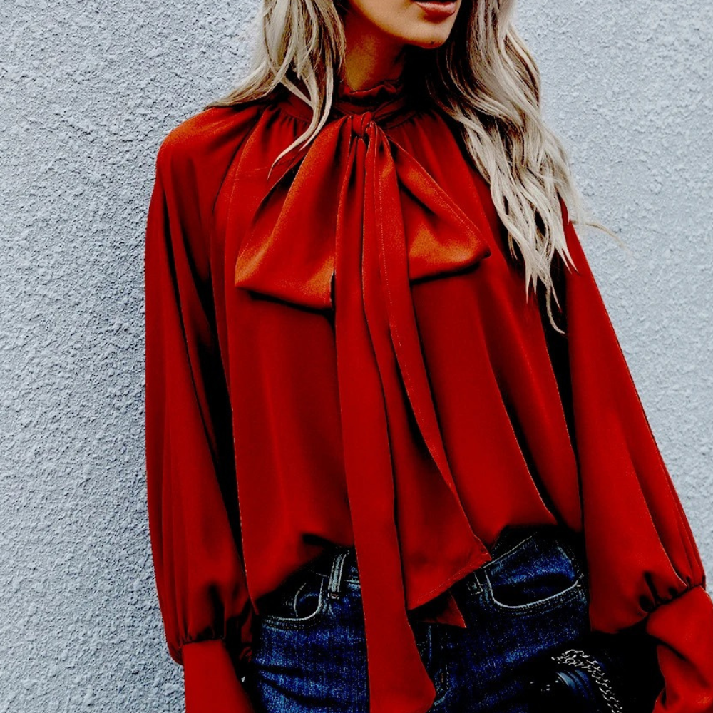 Yvessa - Elegante blusa ampia con collo alto e maniche lunghe