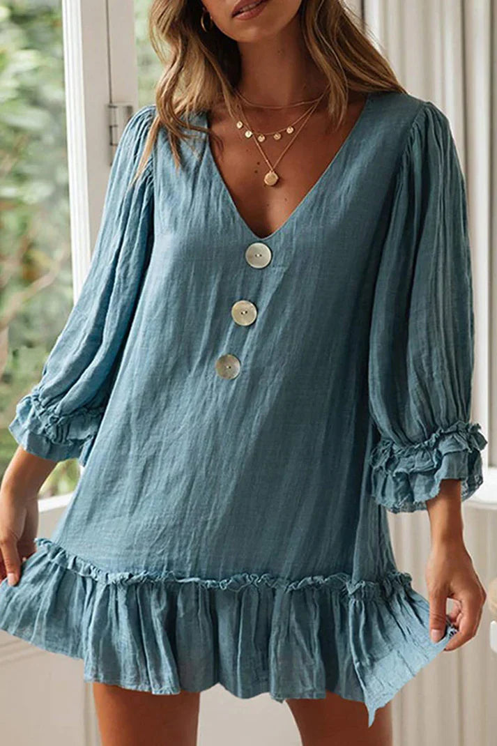 Ella - Minivestito elegante a maniche lunghe con scollo a V e orlo con volant
