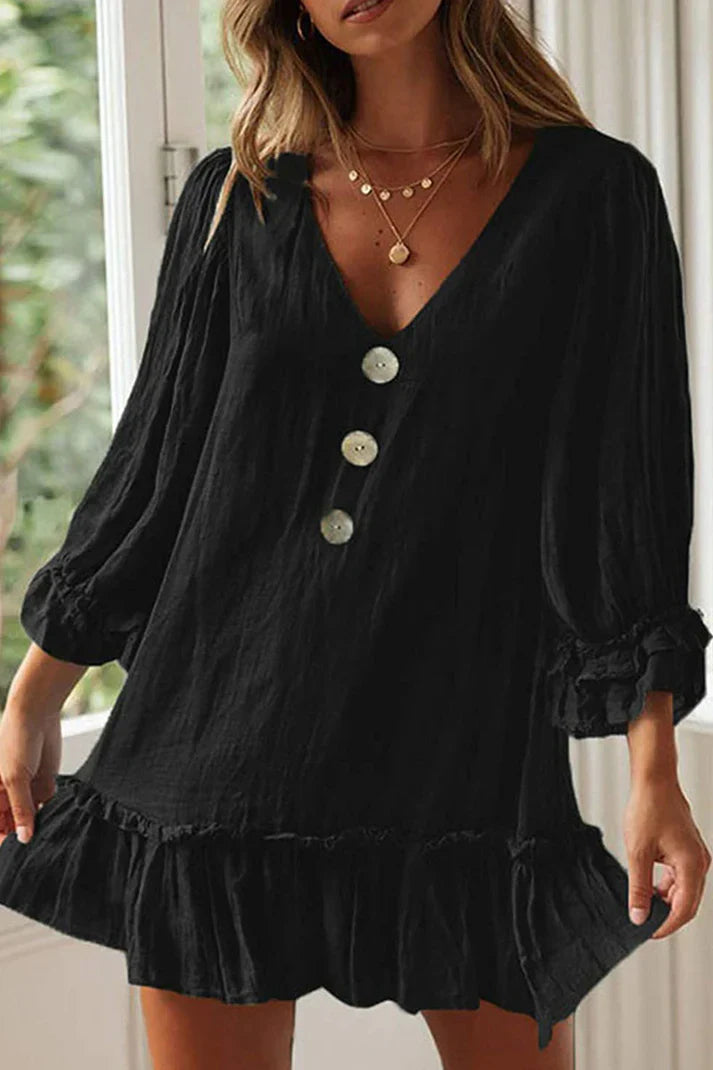 Ella - Minivestito elegante a maniche lunghe con scollo a V e orlo con volant