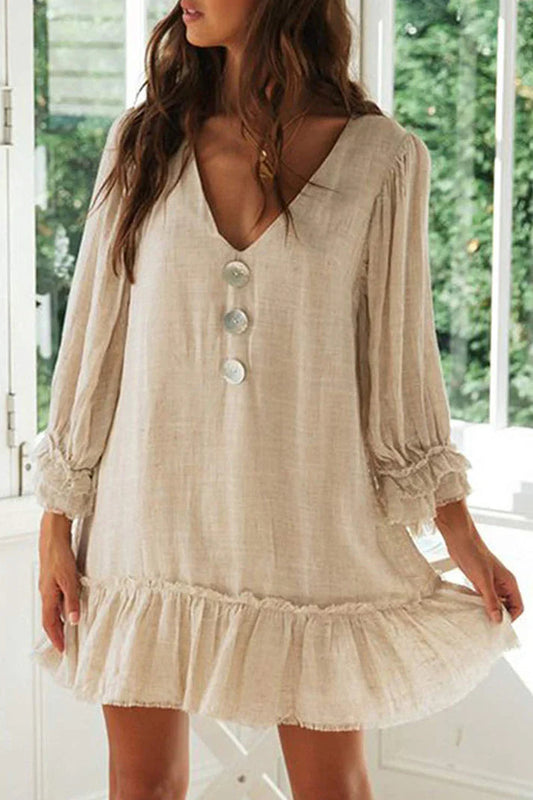 Ella - Minivestito elegante a maniche lunghe con scollo a V e orlo con volant