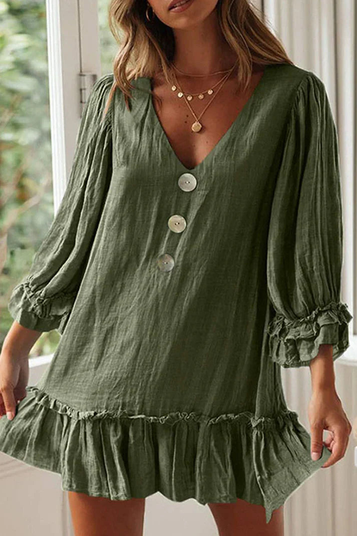 Ella - Minivestito elegante a maniche lunghe con scollo a V e orlo con volant
