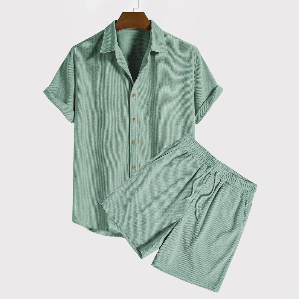 Leonard - Set Casual con Camicia a Maniche Corte con Bottoni e Pantaloncini con Coulisse