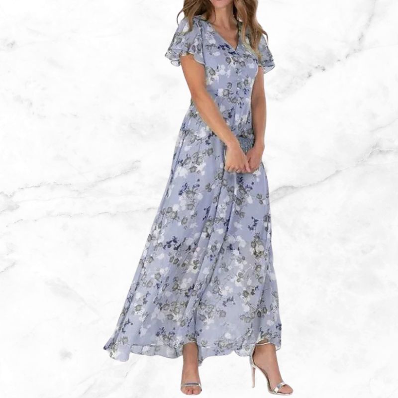 Roswen - Elegante abito maxi floreale con scollo a V e volant