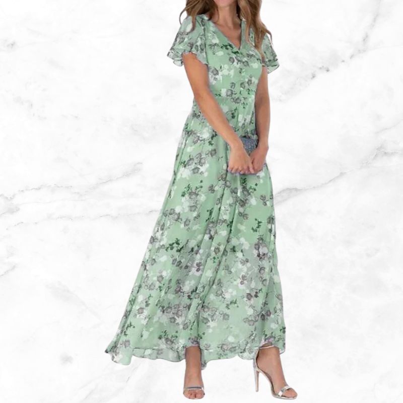 Roswen - Elegante abito maxi floreale con scollo a V e volant