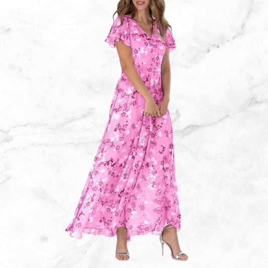Roswen - Elegante abito maxi floreale con scollo a V e volant