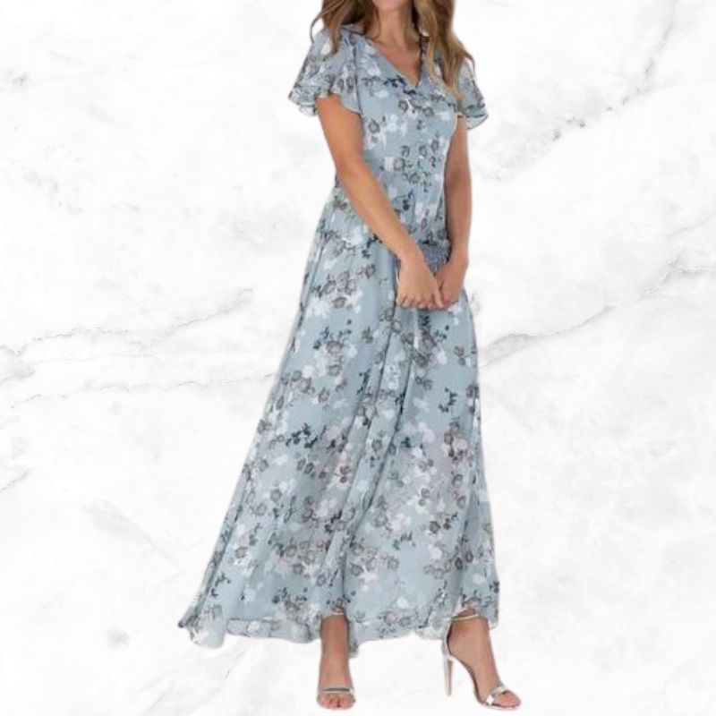 Roswen - Elegante abito maxi floreale con scollo a V e volant