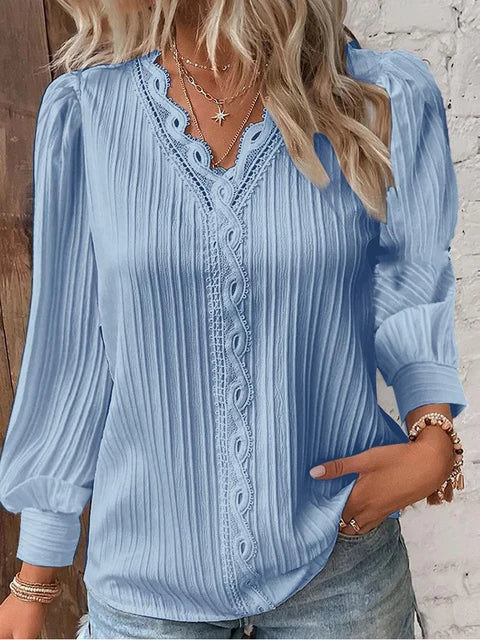 Natalina - Elegante Blusa in Maglia con Scollo a V e Maniche Lunghe