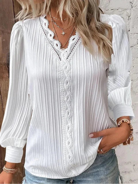 Natalina - Elegante Blusa in Maglia con Scollo a V e Maniche Lunghe