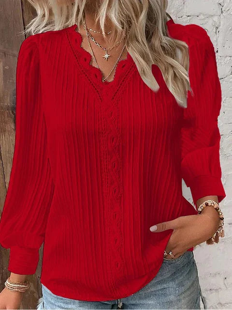 Natalina - Elegante Blusa in Maglia con Scollo a V e Maniche Lunghe