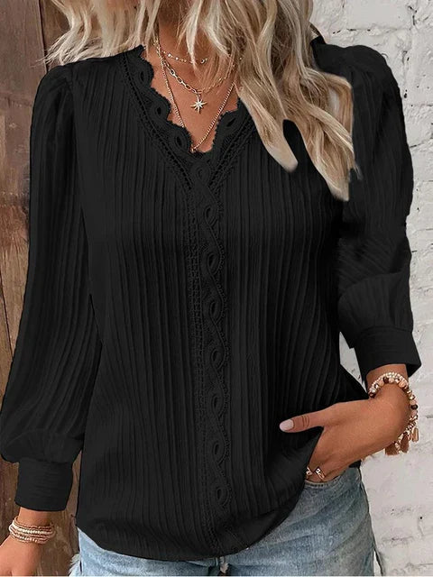 Natalina - Elegante Blusa in Maglia con Scollo a V e Maniche Lunghe