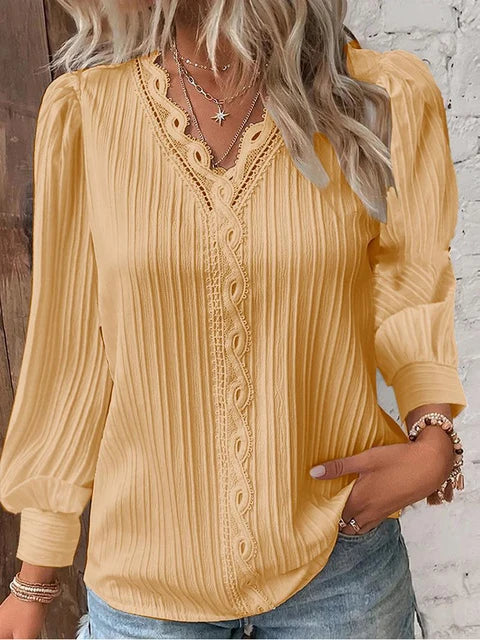Natalina - Elegante Blusa in Maglia con Scollo a V e Maniche Lunghe