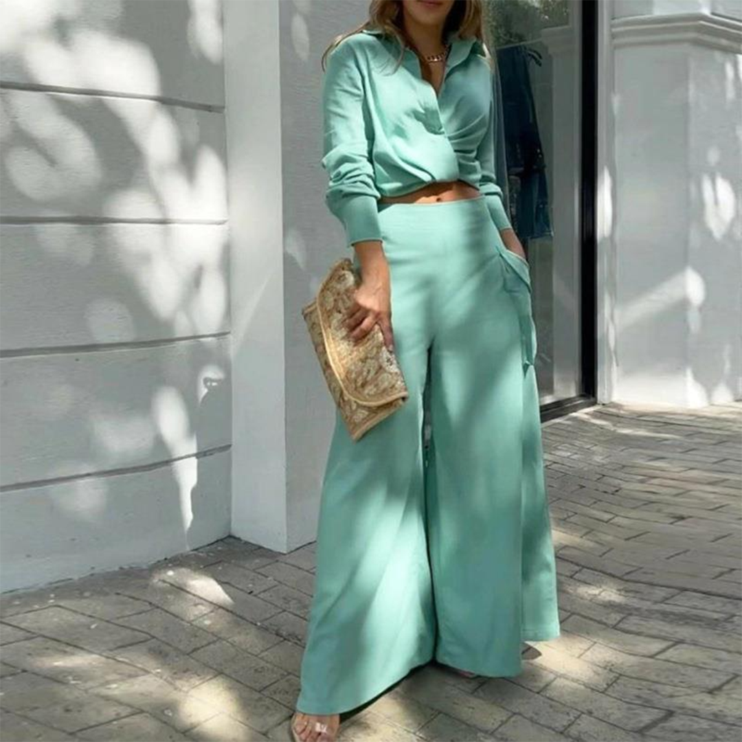 Althea - Blusa crop elegante a maniche lunghe e pantaloni a gamba larga