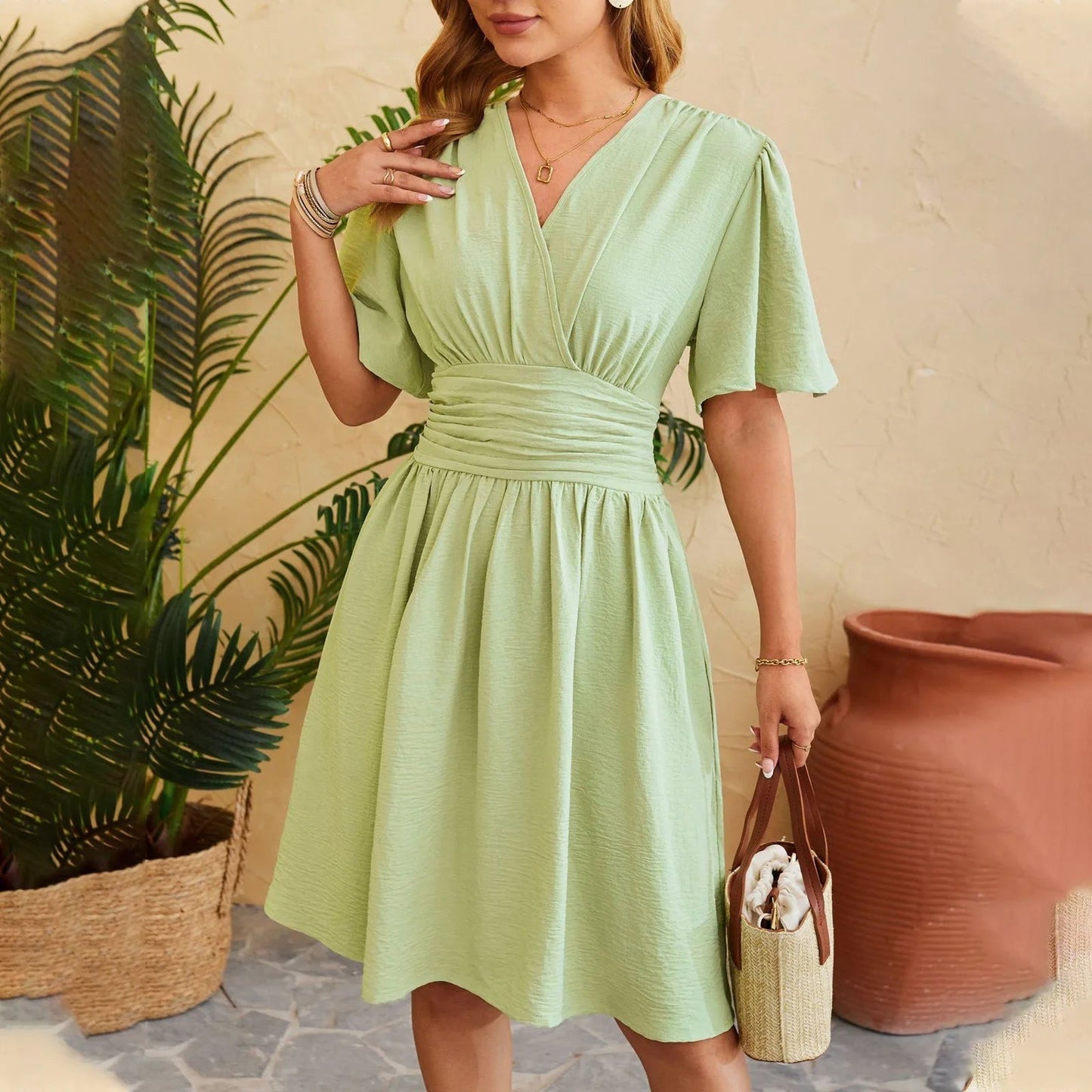 Oliviana – Elegante abito midi a maniche corte con scollo a V
