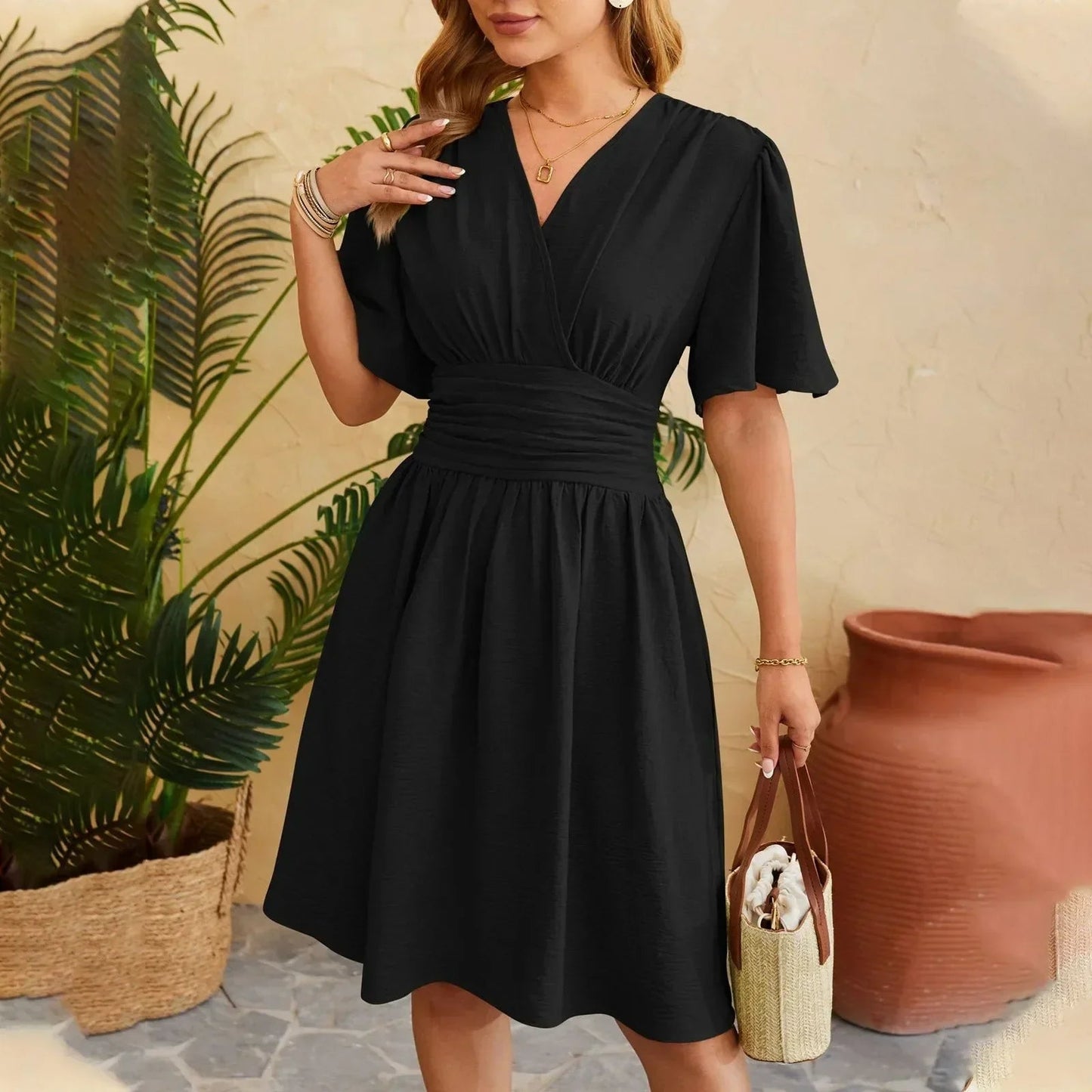 Oliviana – Elegante abito midi a maniche corte con scollo a V