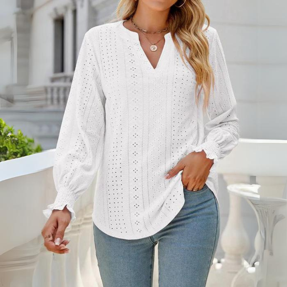 Wilanna - Elegante Blusa con Volant e Dettagli Traforati a Manica Lunga