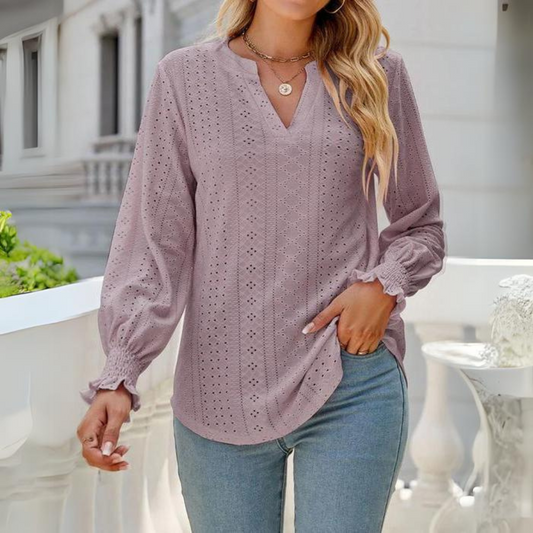 Wilanna - Elegante Blusa con Volant e Dettagli Traforati a Manica Lunga