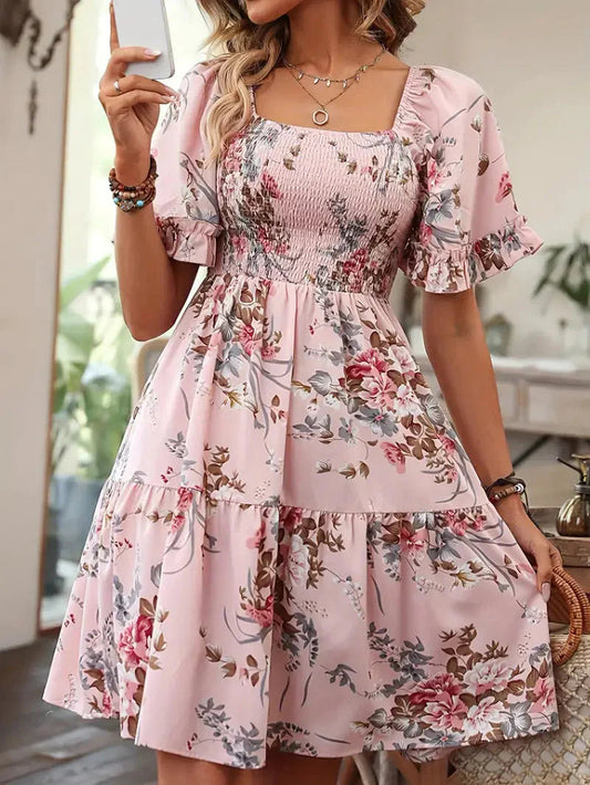 Cathleen - Elegante mini abito floreale con maniche a volant