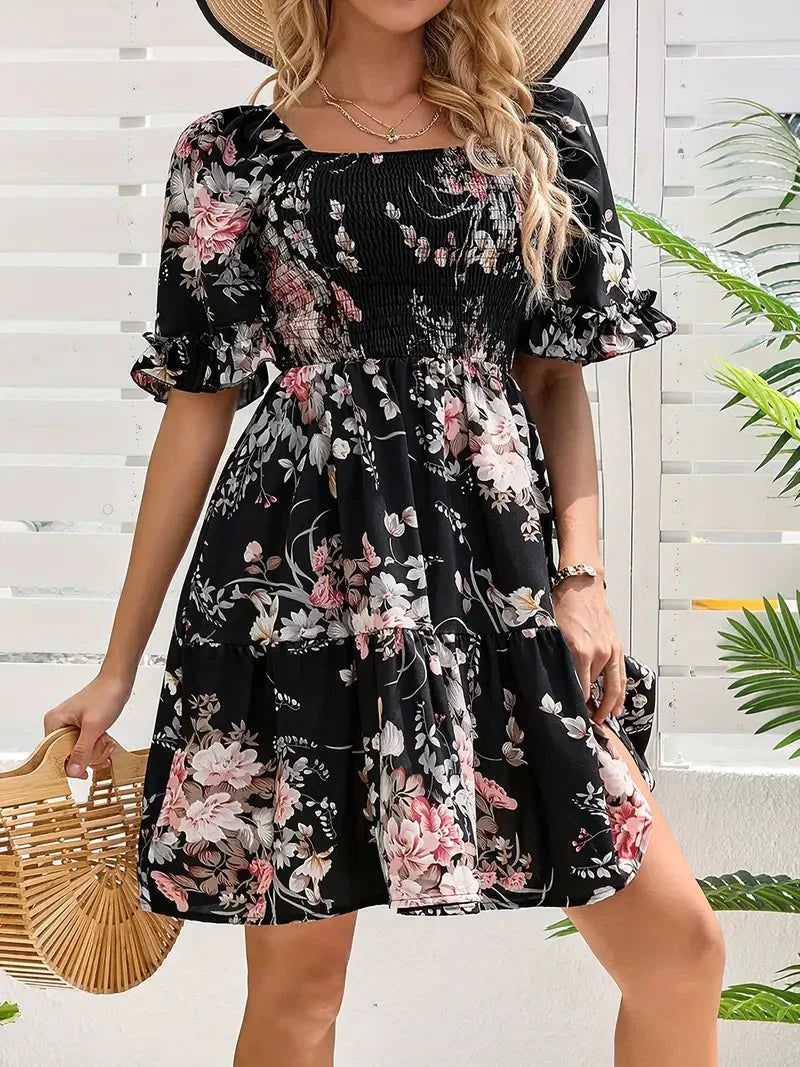 Cathleen - Elegante mini abito floreale con maniche a volant