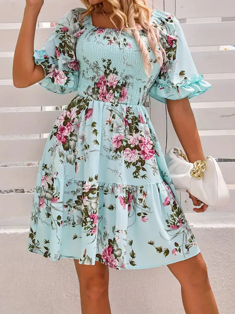 Cathleen - Elegante mini abito floreale con maniche a volant
