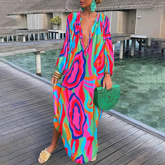 Xaira - Elegante abito ampio a maniche lunghe multicolore