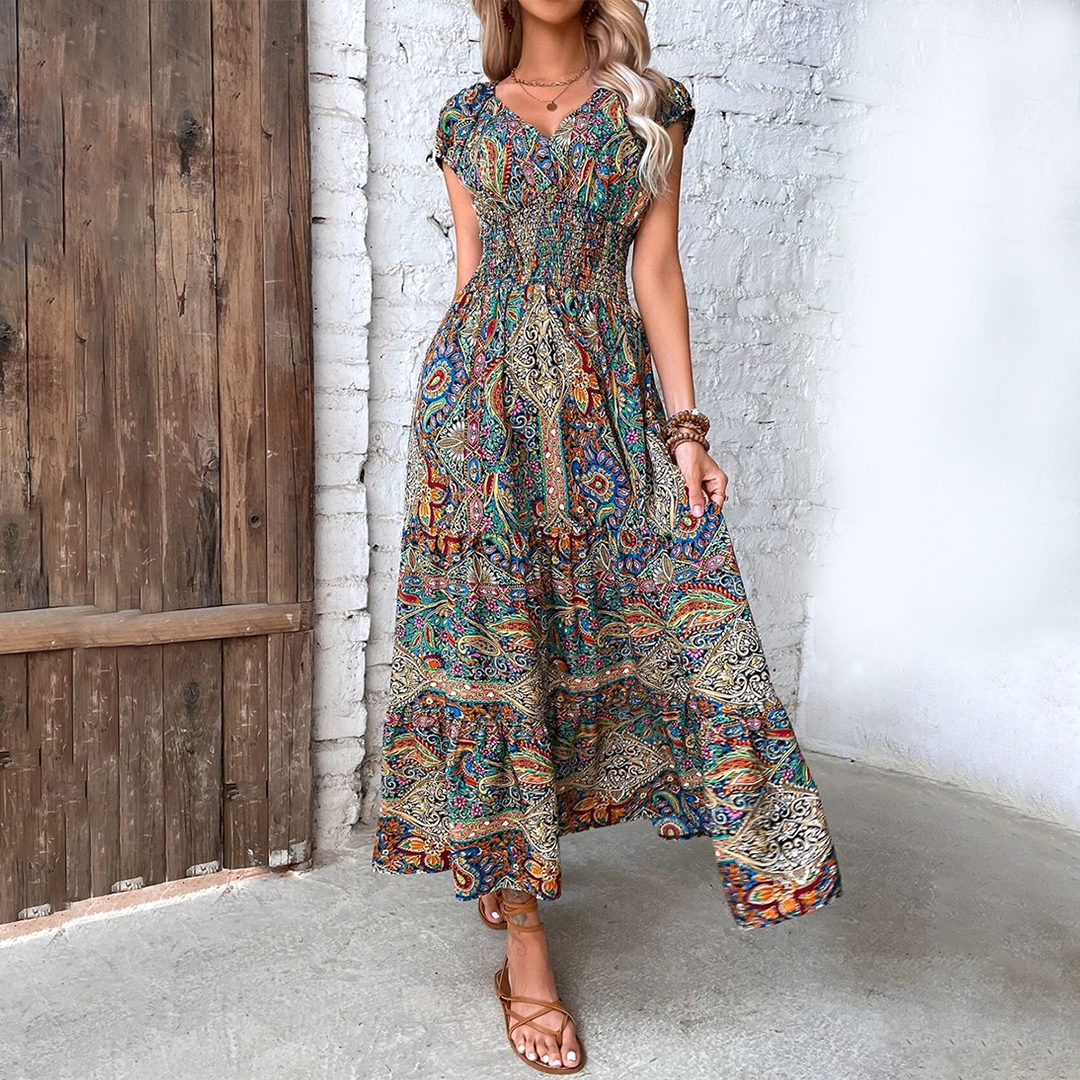 Keisha - Elegante maxiabito a maniche corte con scollo a V e stampa boho