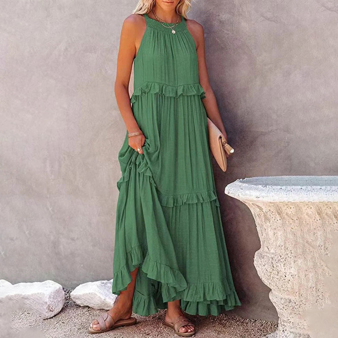 Alaina - Elegante abito maxi senza maniche con volant