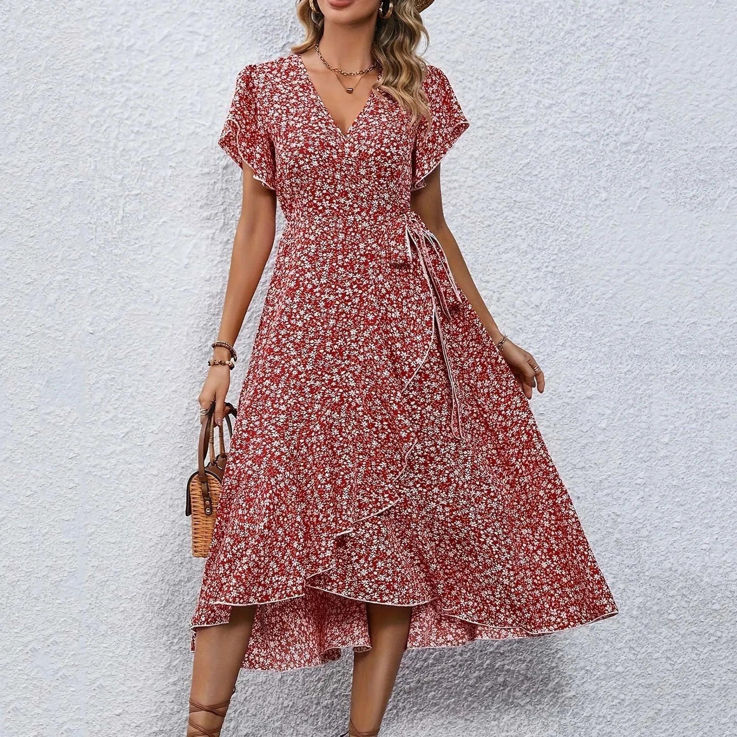 Veyana - Elegante Abito Midi Floreale con Scollo a V e Maniche Corte Aperte