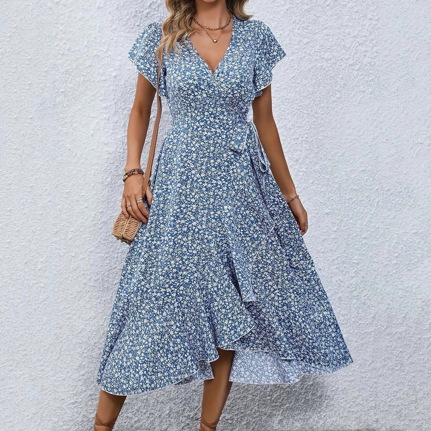 Veyana - Elegante Abito Midi Floreale con Scollo a V e Maniche Corte Aperte