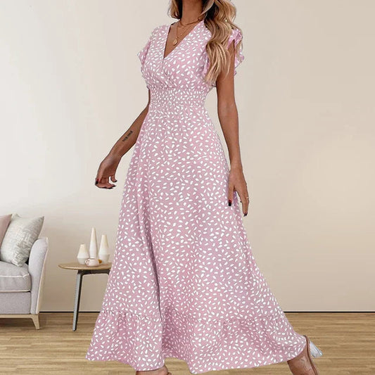 Hannelie - Elegante abito lungo in chiffon senza maniche con volant e scollo a V