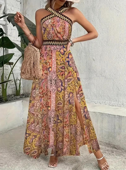 Beverlyn - Elegante abito maxi boho senza maniche