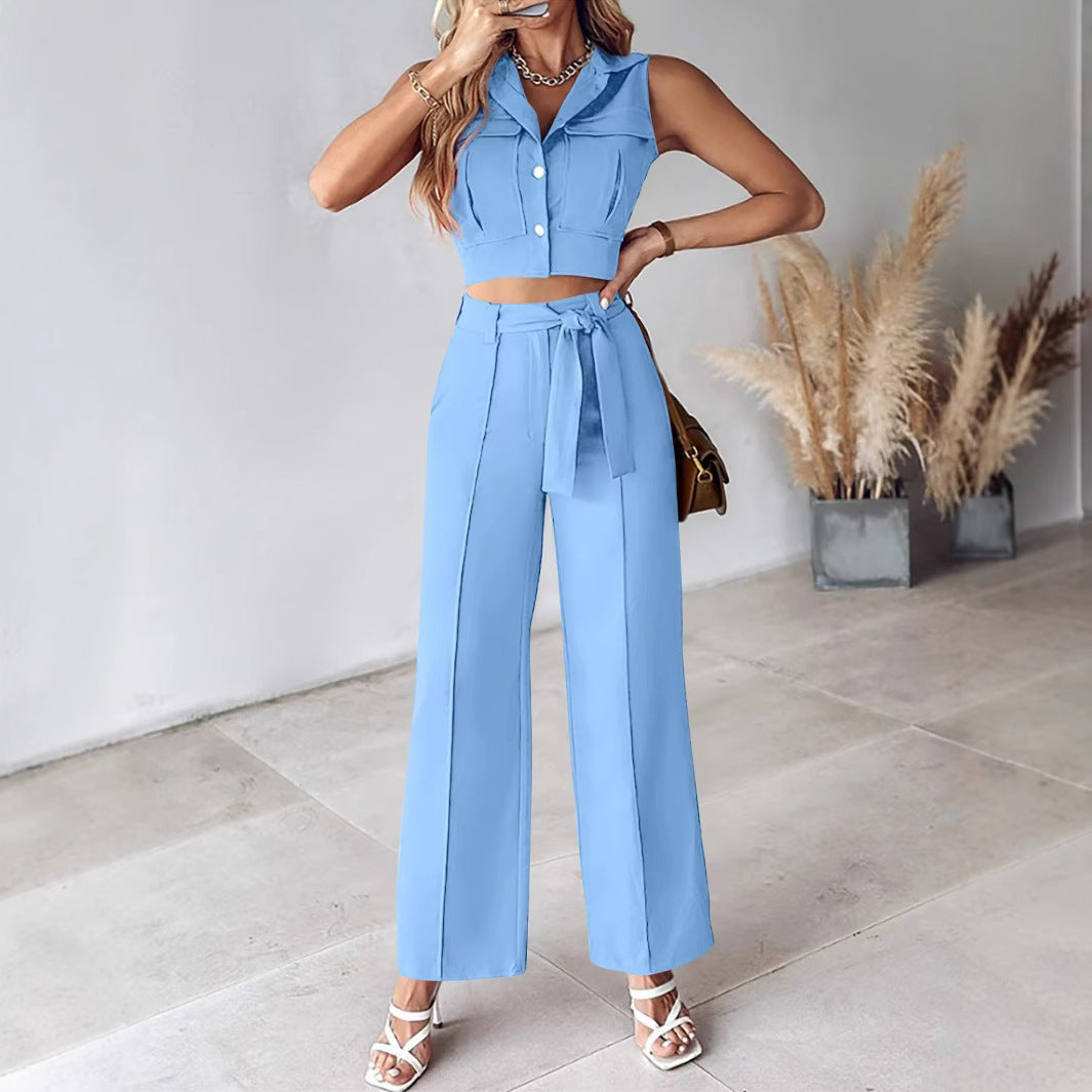 Lourdes - Completo elegante con top senza maniche e pantaloni a gamba larga con cintura
