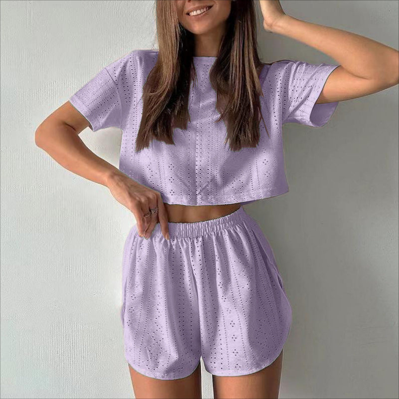 Briselle - Elegante completo con top corto a maniche corte e pantaloncini traforati