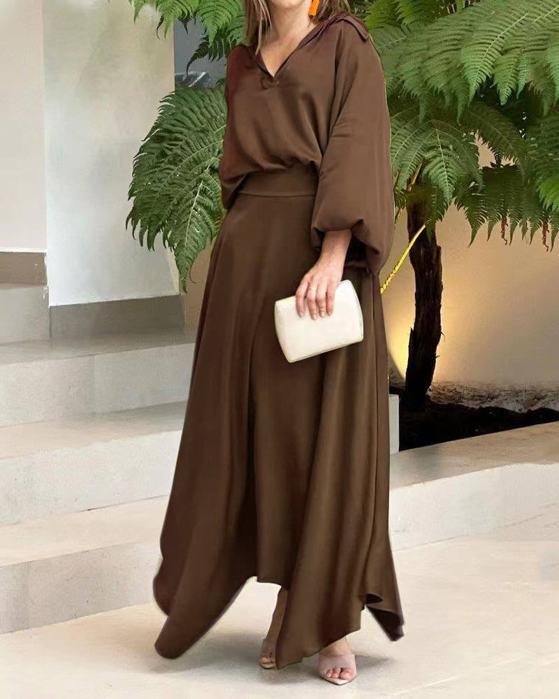 Olivine - Elegante abito maxi ampio a maniche lunghe