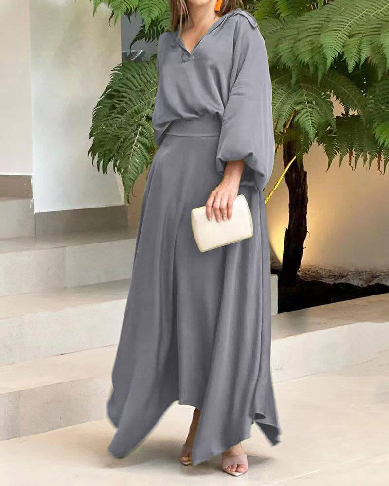 Olivine - Elegante abito maxi ampio a maniche lunghe