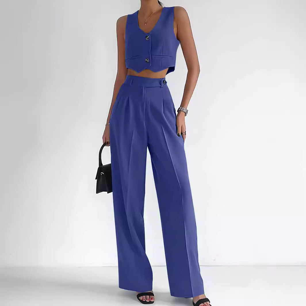 Marella - Elegante completo con gilet corto a V e pantaloni a vita alta