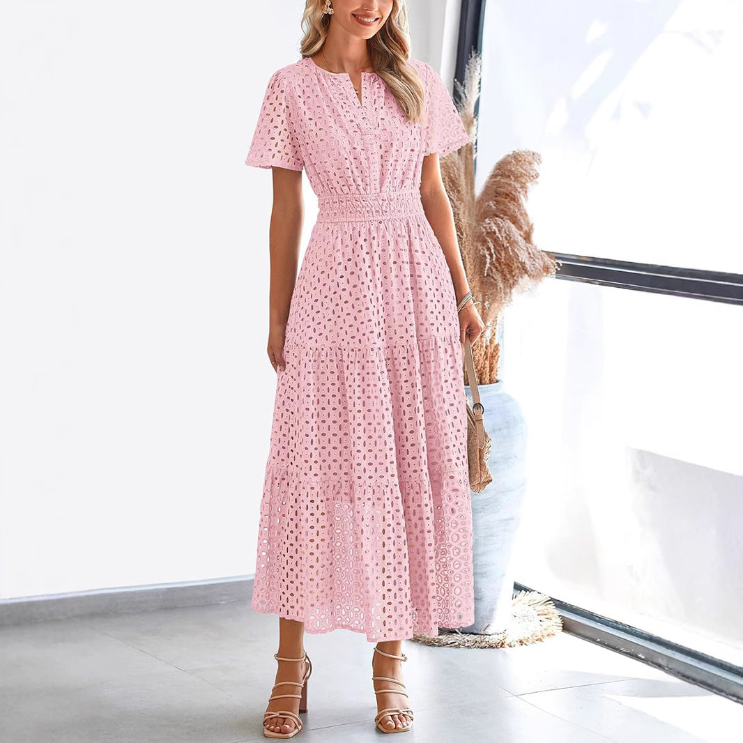 Vera - Elegante abito lungo in pizzo con maniche corte